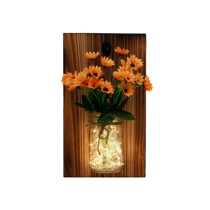 Wood Wall Backplate Floral Jar String Light