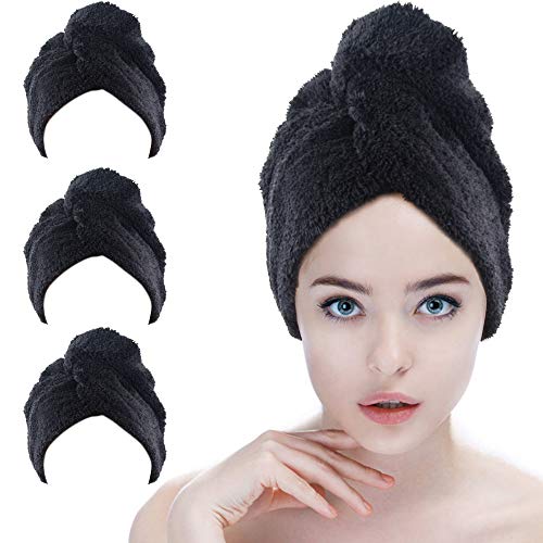 SINLAND Microfiber Hair Drying Cap Hair Towel Turban Twist for Long Hair Fast Drying Towels Head Turban Absorbent Soft Lightweight 3 Pack Black