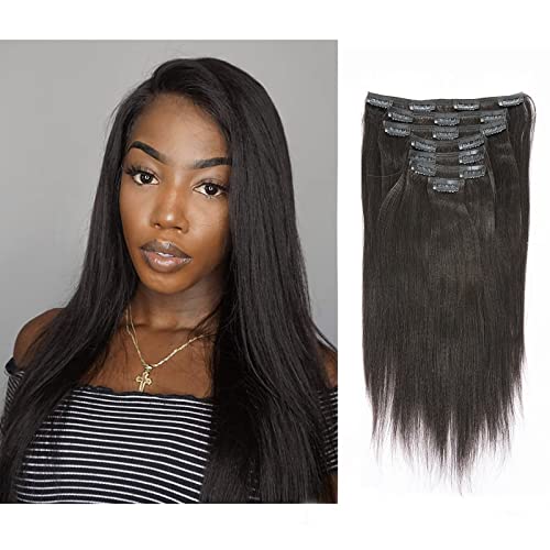 Lacer Light Yaki Clip in Hair Extensions, 16 inch Remy Human Hair Natural Black Thick Yaki Straight Clip ins for African American Woman Relaxed Hair 7 Pieces 120 Gram Per Set