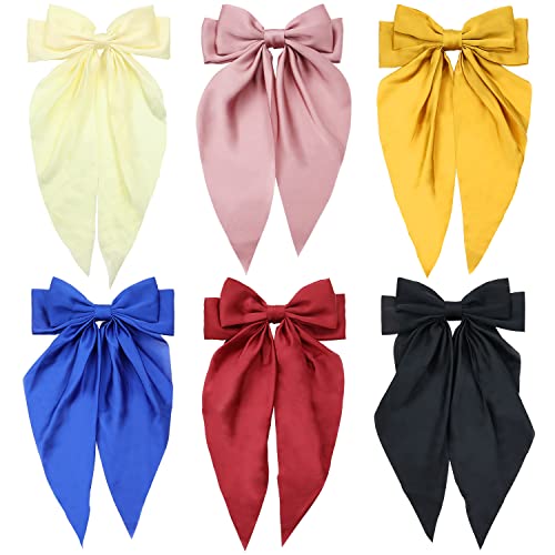 Lawie 6 Pack Satin Big Large Hair Bows for Women Oversized Giant Bow Hair Clips French Barrette with Long Silky Ribbon Tail Lady Hairpin Ponytail Holder Bowknot Hair Accessories
