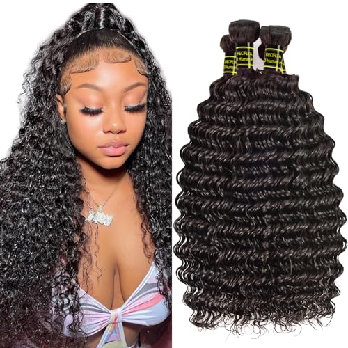 Brazilian Virgin Hair Deep Wave Bundles 100% Human Hair Unprocessed Deep Curly Bundles Human Hair Extensions Deep Wave 4 Bundles Double Weft Weave Wet and Wavy Natural Color (18 20 22 24)