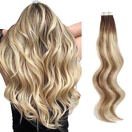 ABH AmazingBeauty Hair Semi-permanent Pre-taped Double Sided Rooted Highlight Remy Tape in Extensions, Real Remy Human Hair, Ash Brown-Beach Blonde with Dark Brown Root R3-8-613, 18 Inch