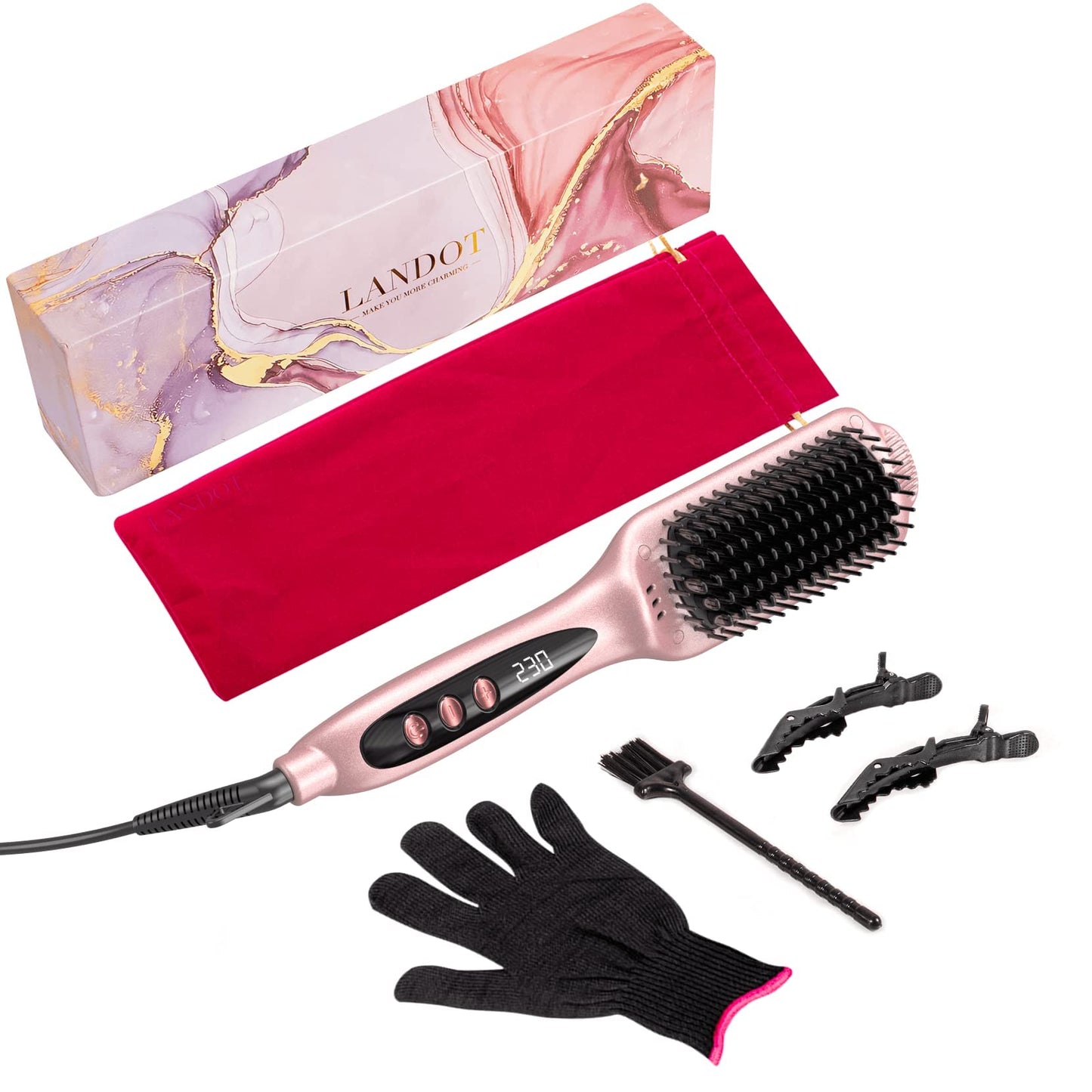 LANDOT Hair Straightener Brush Heated Straightening Brush: Rose Gold Negative Ion Hot Hair Brush for Smooth Frizz Free Hair - Ceramic Flat Iron Brush - Dual Voltage Fast Heating