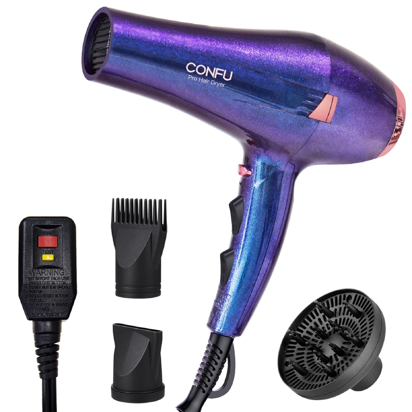 CONFU Professional Hair Dryer, Compact Blow Dryer, Negative Ionic Hair Dryer with Diffuser and Concentrator, for Quick Drying, ETL Certified, Purple