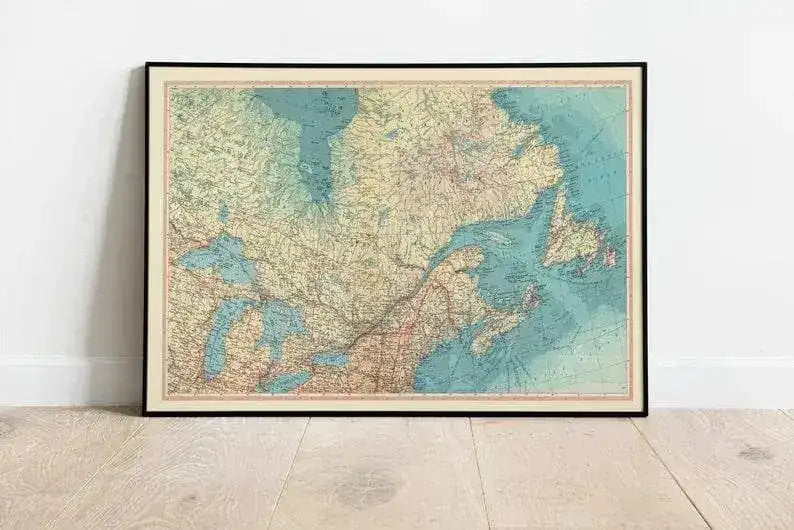 Geographical Map of Canada, Ontario, Quebec, and Maritime Provinces| Map Wall Decor