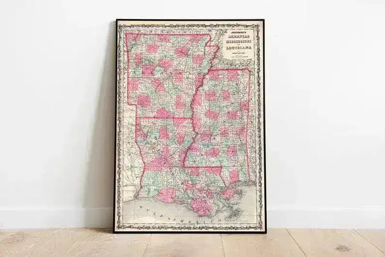 1862 Map of Louisiana, Mississippi and Arkansas| Arkansas Old Map