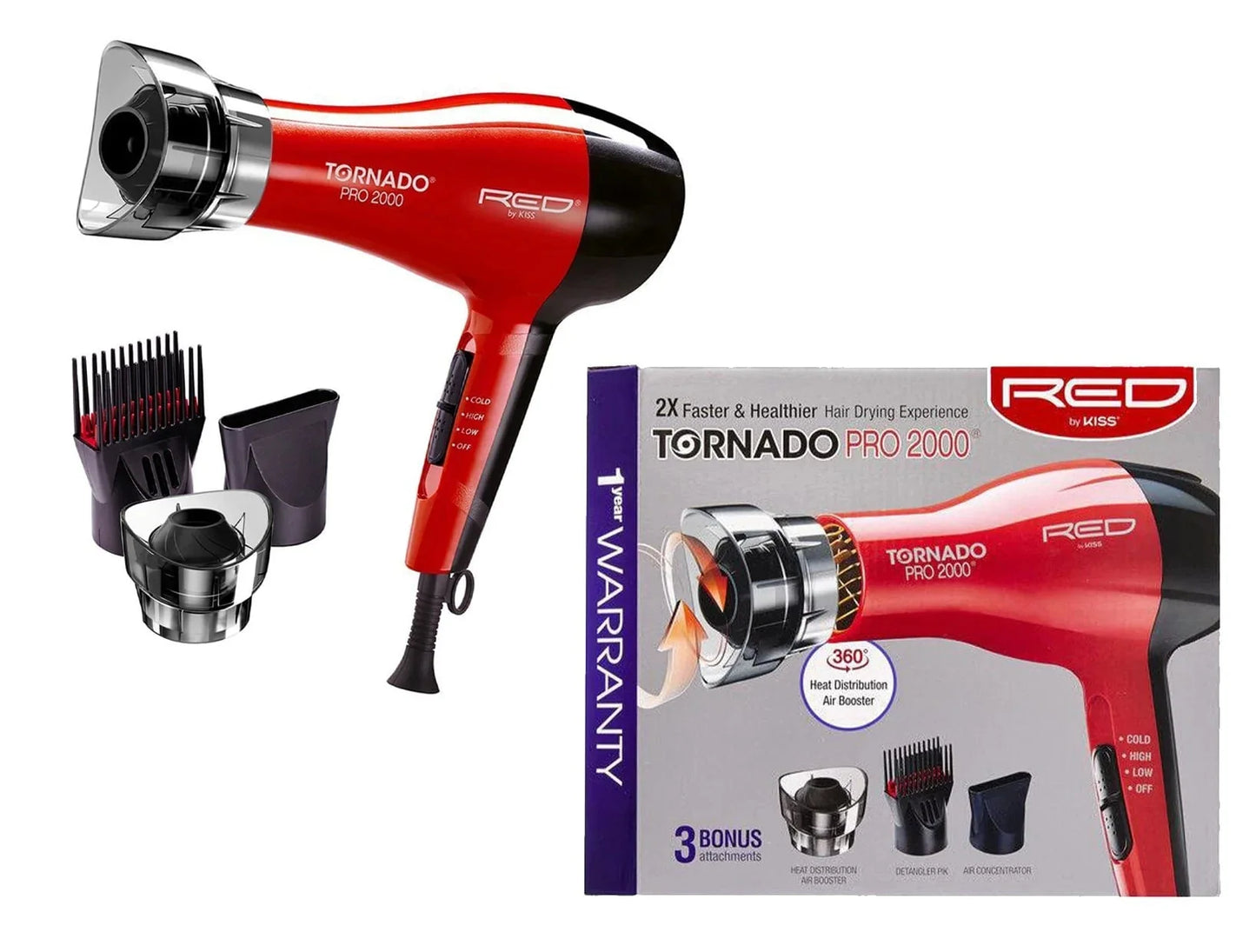 Red by Kiss Hair Dryer Tornado Pro 2000 Blow Dryer with 3 Detangler Piks