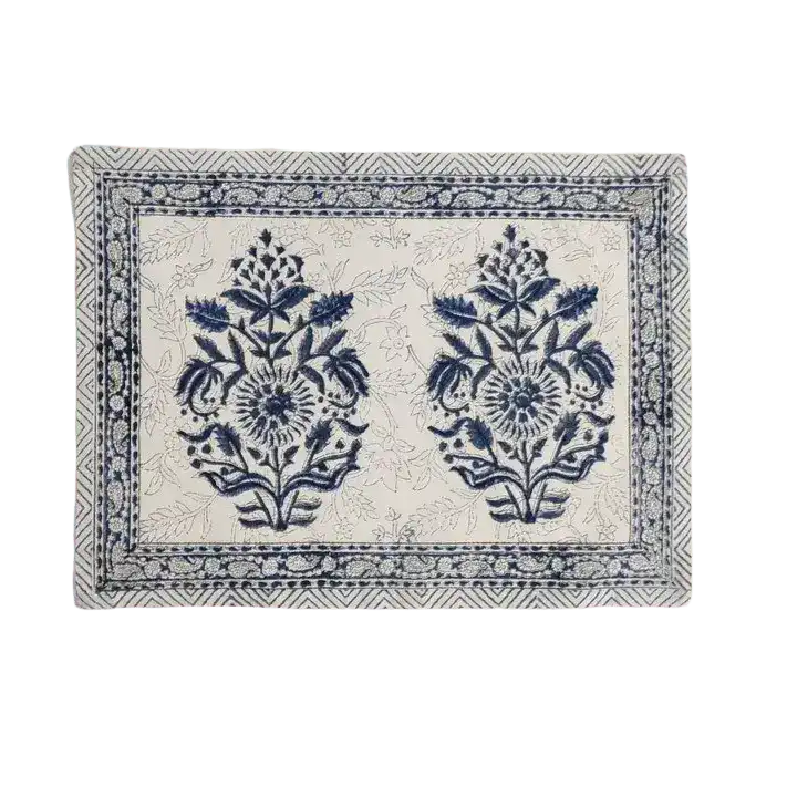 Block Printed Floral White and Blue Cotton Placemats