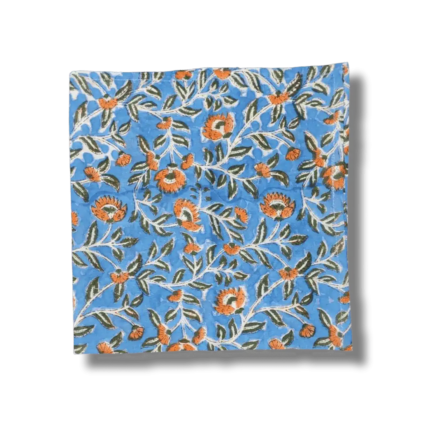 Blue and Orange Floral Block Printed Cotton Napkins
