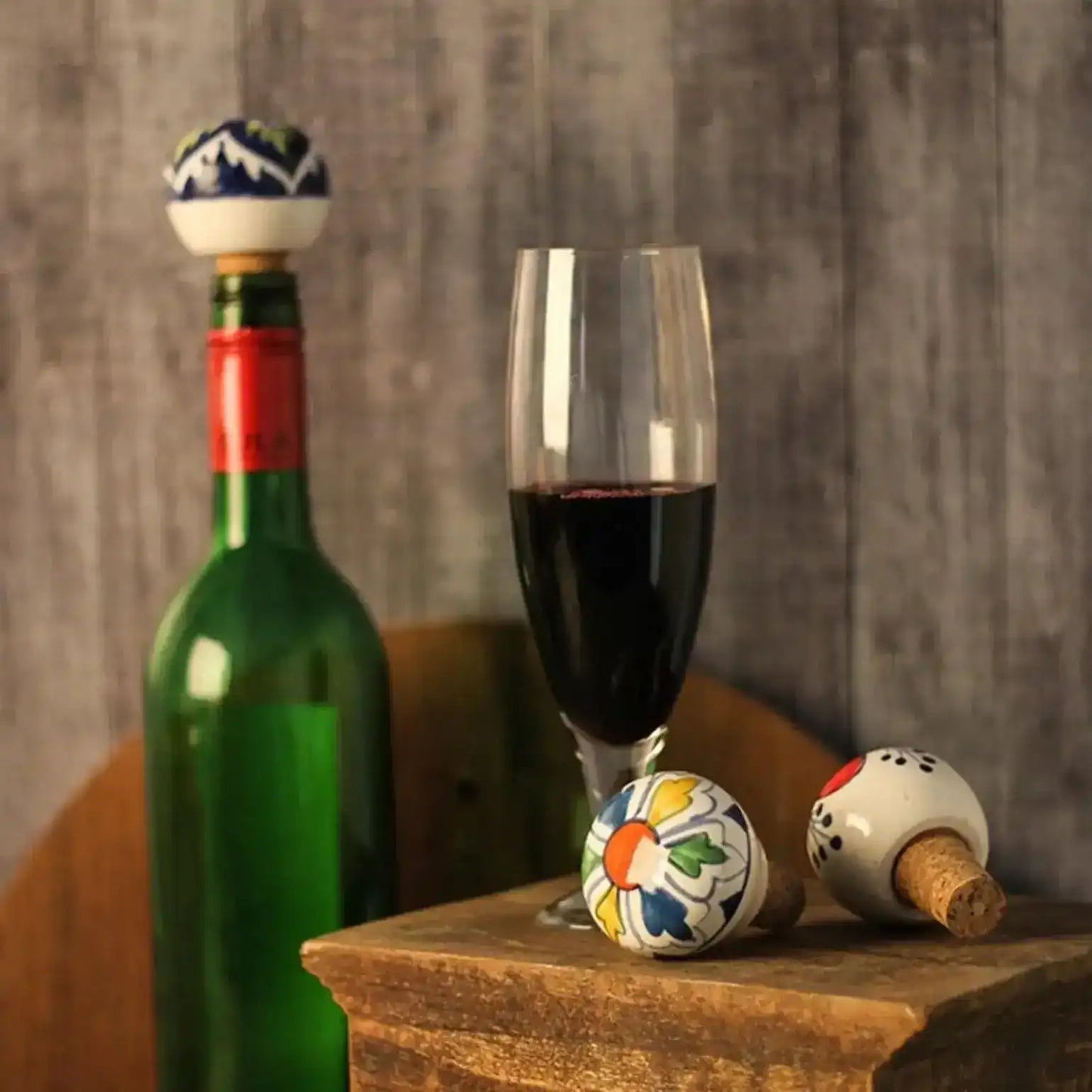 Ceramic Hand Painted Wine Bottle Stopper - Set of 2, Red
