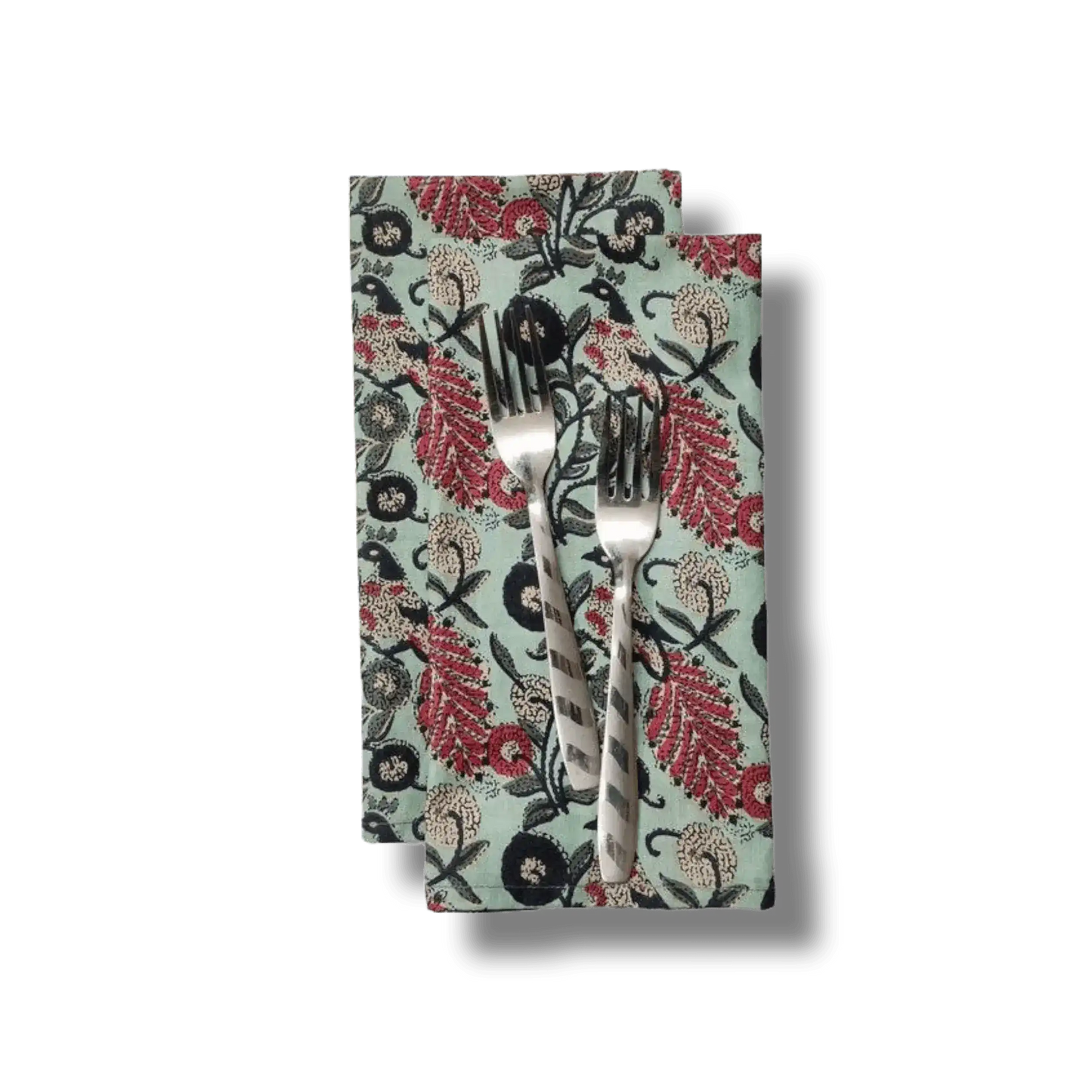Green Floral Motif Block Printed Cotton Napkins