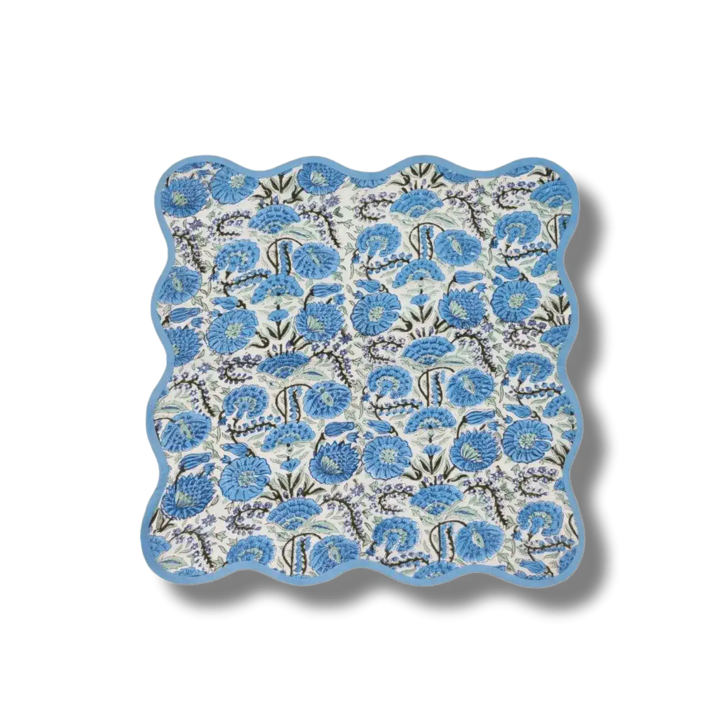 Hand-Block Light Blue Flower Scallop Cotton Napkins, Set of 4