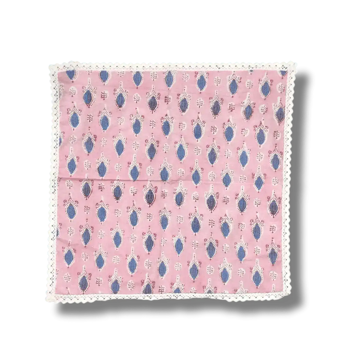 Pink and Blue Block Print Cotton Napkins with White Border Lace