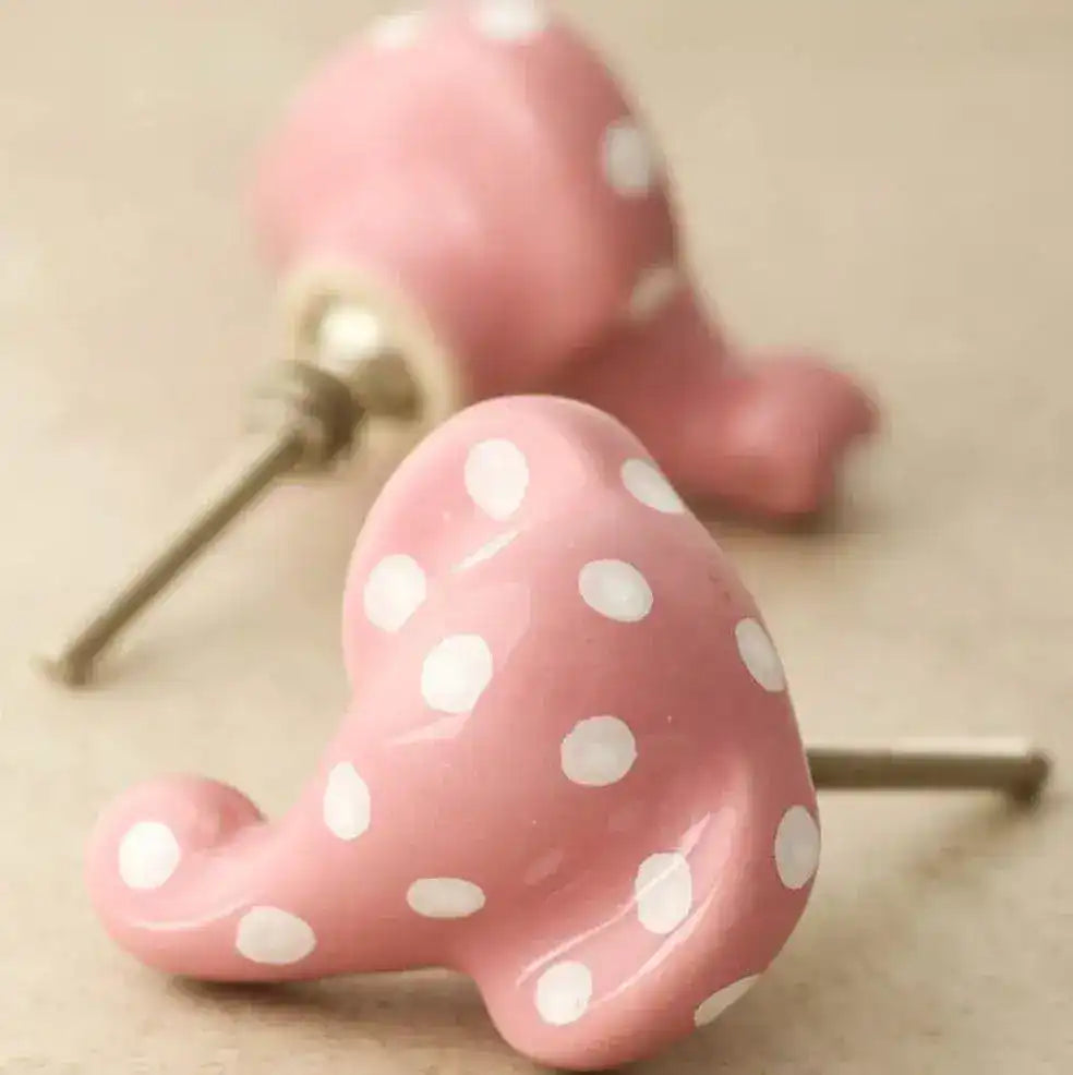 Pink and White Polka Dots Elephant Shape Knob - Set of 6