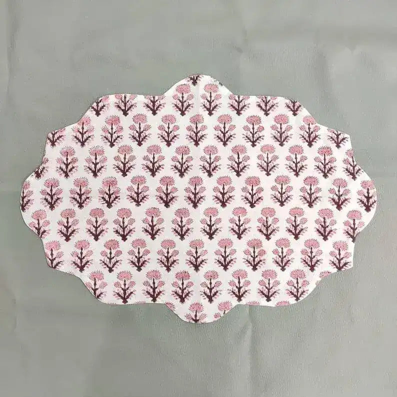 Pink Block Printed Floral Scalloped Oval Cotton Placemats