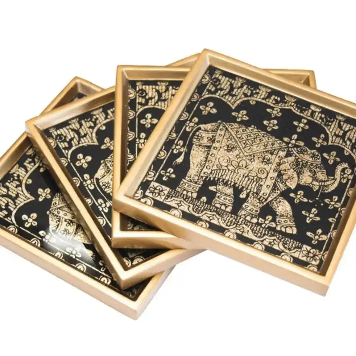 Reversed Painted Glass Gold Elephant Coasters - Set of 4