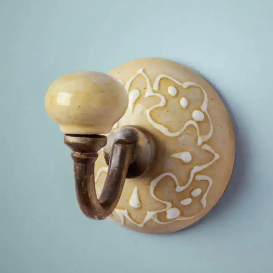 Yellow Embossed Ceramic Round Coat Hook - Set of 6