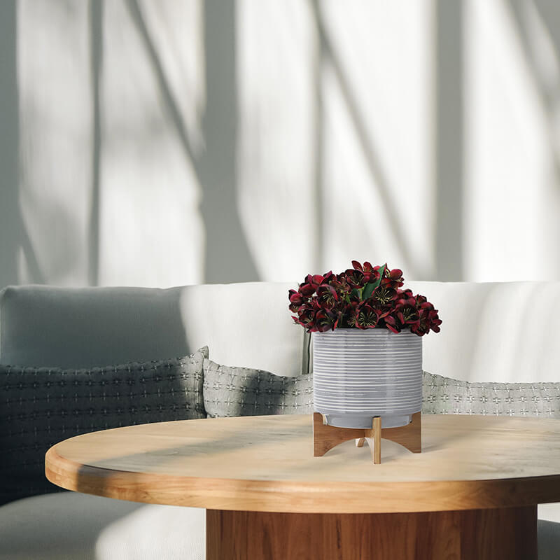 10" Gray Ceramic Planter On Wooden Stand