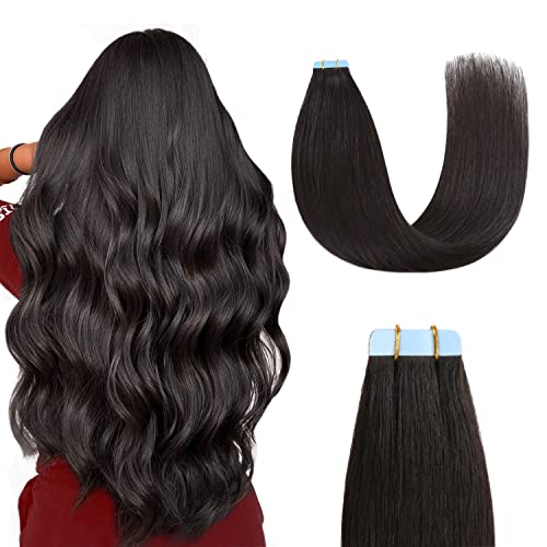 Sunya Tape in Hair Extensions Human Hair Black 24 inches Straight Tape in Real Human Hair Seamless Skin Weft Tape in Hair Extensions #1B Natural Black 50 Gram 20Pcs/Pack