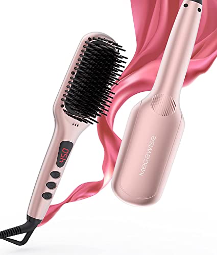 2023 Updated MEGAWISE Hair Straightener Ceramic Brush (Pink Gold) Anti-Scald Dual Voltage Flat iron Hot Brush | Rotatable Cord |Auto Shutoff | anti-frizz |for all hair types