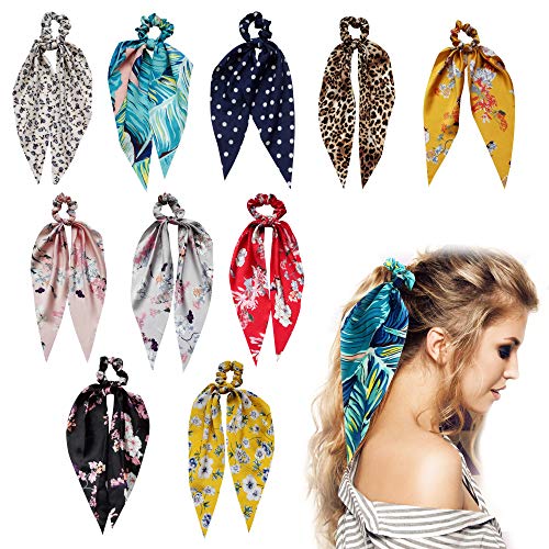 Satin and Chiffon Detachable Hair Scarf Scrunchies,10 Pcs AMAZING UNIVERSE super soft Ribbon Bowknot Scarf Scrunchies,ponytail with multi colors,includes 5 Satin and 5 Chiffon,Bandana for women girls