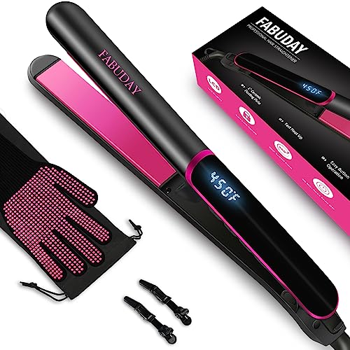 Fabuday Flat Iron Hair Straightener Dual Voltage - Heat Up Quickly, LCD Display & Auto Shut-Off, 12 Adjustable Temp Hot Iron for All Hair Types, 1 Inch Floating Ceramic Plates