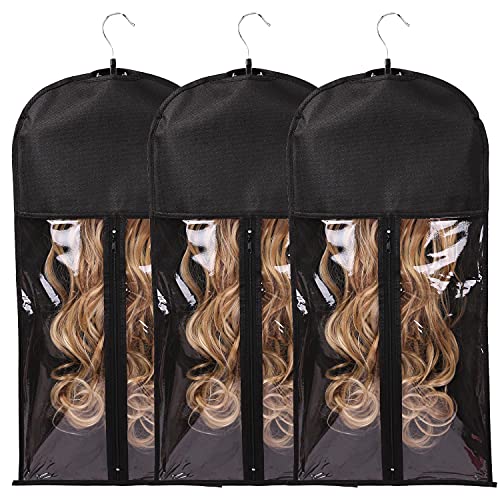 Wig Bags Storage With Hanger- 3PCS Hair Extensions Storage Bag Hair Hangers For Extensions Hairpieces Storage Holder (black)