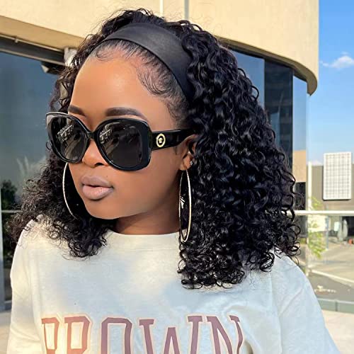 Punmasa Headband Wig Curly Deep Wave 14 Inches 100% Human Hair,Headband wigs for women Glueless None Lace Front Wigs Machine Made 150% Density