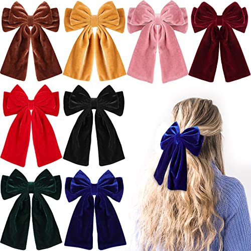 8PCS Large Velvet Hair Bows Clips for Women Girls,8 Inch Layered Big Handmade Bowknot Barrettes Long Velvet Bows Hair Accessories