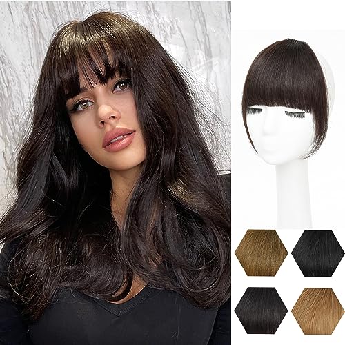 GHDXIWEYU 100% Human Hair Clip in Bangs,Women Fringe with Temples Curtain Flat Dark Brown Bangs, Natural Curved French Bangs,Faux Fake Bangs