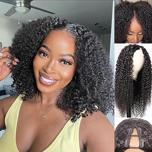 Kiqibeauty Curly V Part Wigs Brazilian Kinky Curly Human Hair Wigs for Black Women V Shape Wigs No Leave Out Upgrade U Part Wigs Glueless Full Head Clip In Half Wigs (Kinky Curly, 14 Inch)