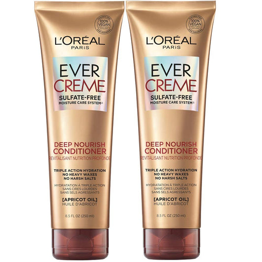 L'Oreal Paris EverCreme Sulfate Free Conditioner for Dry Hair, Triple Action Hydration for Dry, Brittle or Color Treated Hair, with Apricot Oil, 8.5 Fl; Oz (Pack of 2) (Packaging May Vary)