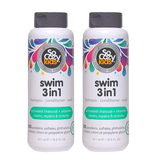 So Cozy Kids Swim 3-in-1 Shampoo, Conditioner & Body Wash - 3-in-1 Combo Pool Shampoo & Conditioner for Swimmers - Salt & Chlorine Removing Activated Charcoal, 10.5 Fl oz (Pack Of 2)