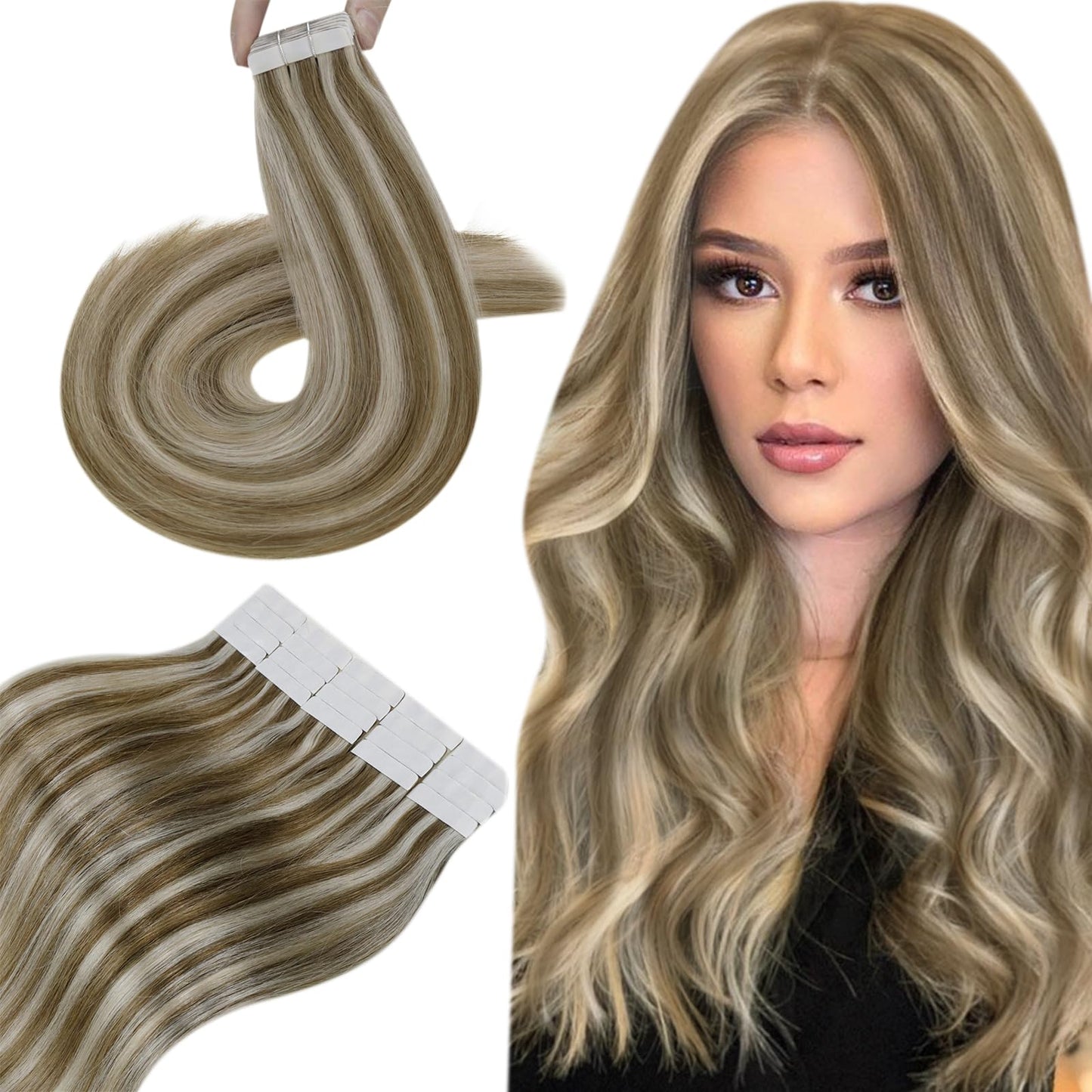Hetto Tape in Hair Extensions Human Hair Tape in Extensions Golden Brown Highlight Bleach Blonde #10/613 Invisible Tape in Hair Extensions Double Sided Tape 18 Inch 20pcs 50g