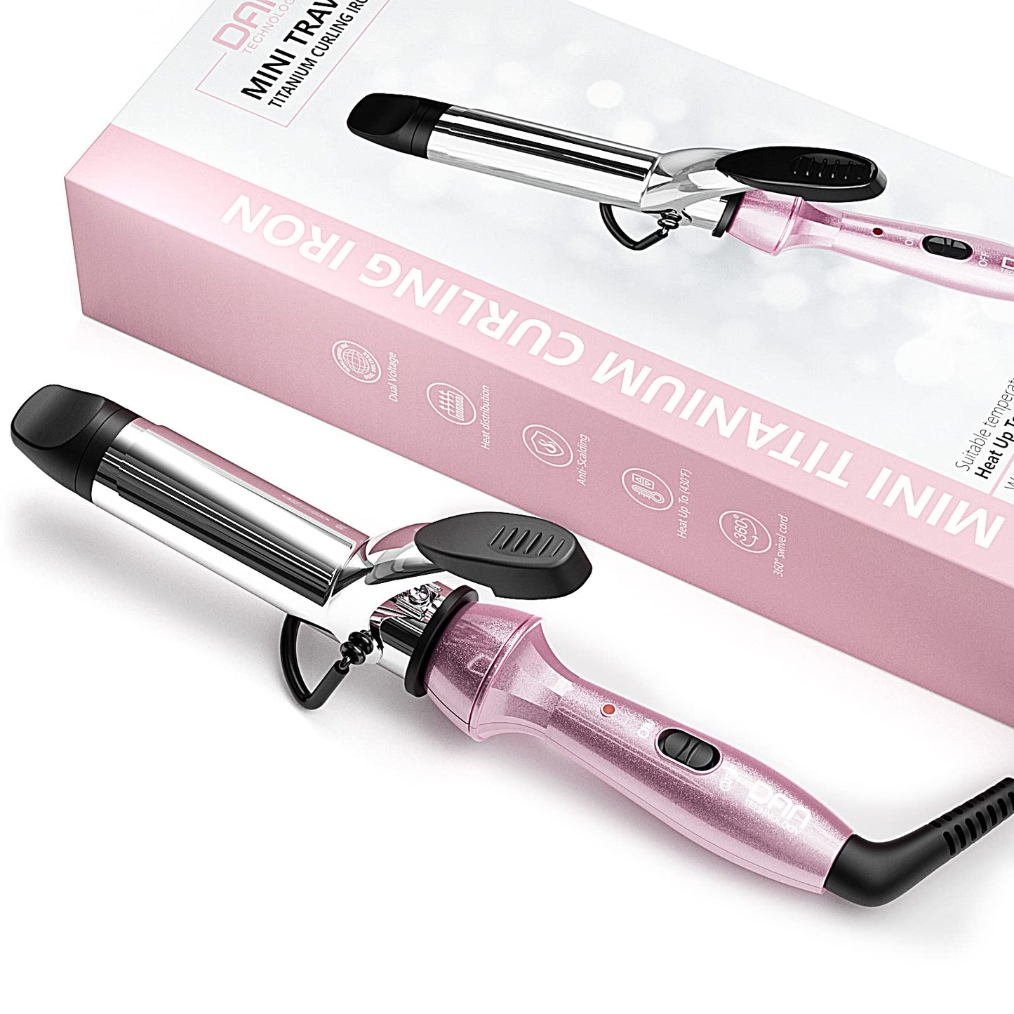 DAN Technology Travel Mini Curling Iron, Dual Voltage Curling Iron up to 450°F for Short Hair,Nano - Titanium Barrels & 30s PTC Fast Heating