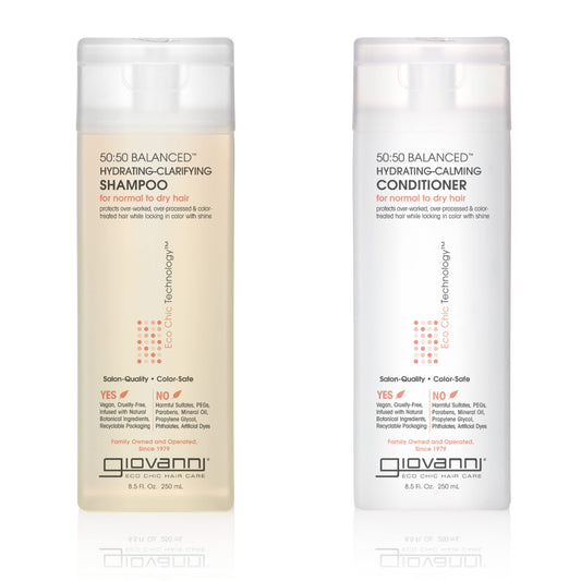 GIOVANNI 50:50 Balanced Shampoo & Conditioner Set - Hydrating, Clarifying, & Calming to Clean & Moisturize, For Over-Processed Hair, Salon Quality, No Parabens, Cruelty Free, Color Safe - 8.5 oz Each