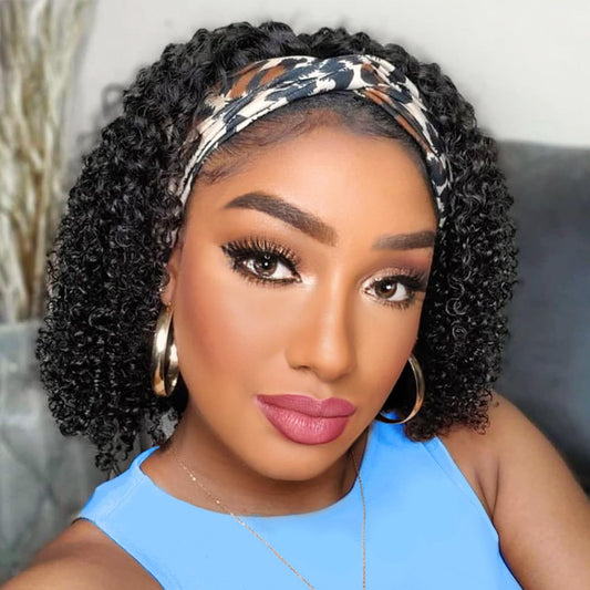 AISI QUEENS Headband Wig Human Hair For Black Women Jerry Curly Wigs Easy Wear and Go Glueless Human Hair None Lace Front Wig Short Curly Headband Wigs (10 Inch, Curly Headband Wigs)