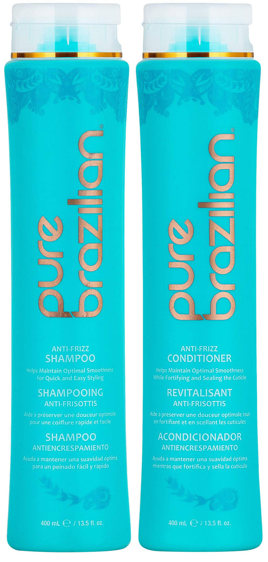 PURE BRAZILIAN Anti Frizz Daily Shampoo & Conditioner - Salt-Free & Color Safe Shampoo & Conditioner Enriched With Keratin, Argan Oil, and Acai (13.5 Ounce / 400 Milliliter)