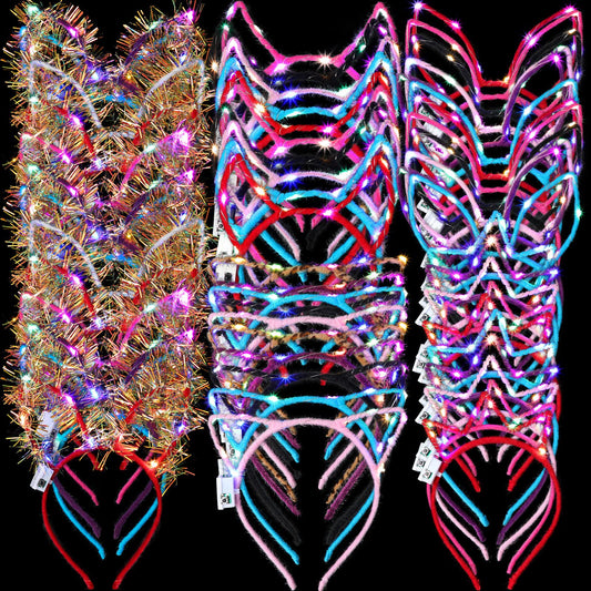 Jerify 100 Pcs LED Cat Ears Headband Bulk Light up Headband Cat Bunny Ear Horn Crown Headbands Cute Colorful Luminous Hairbands Glow Hair Accessories for Women Girls Christmas Birthday Party Supplies