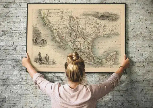 Historical Map of Mexico, California and Texas| Old Map Wall Decor