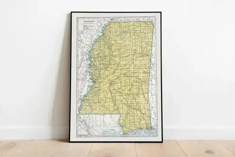 Vintage Mississippi Map Print| Mississippi Canvas Wall Art