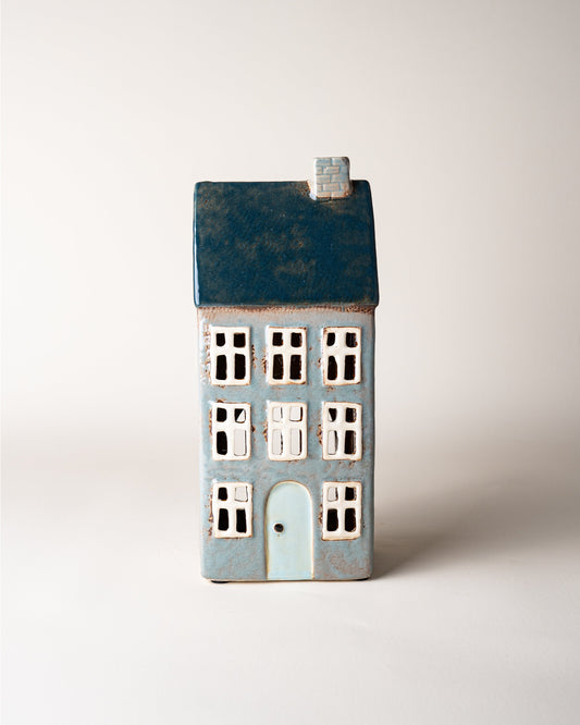 House Tealight Holder Blue/Grey Chimney