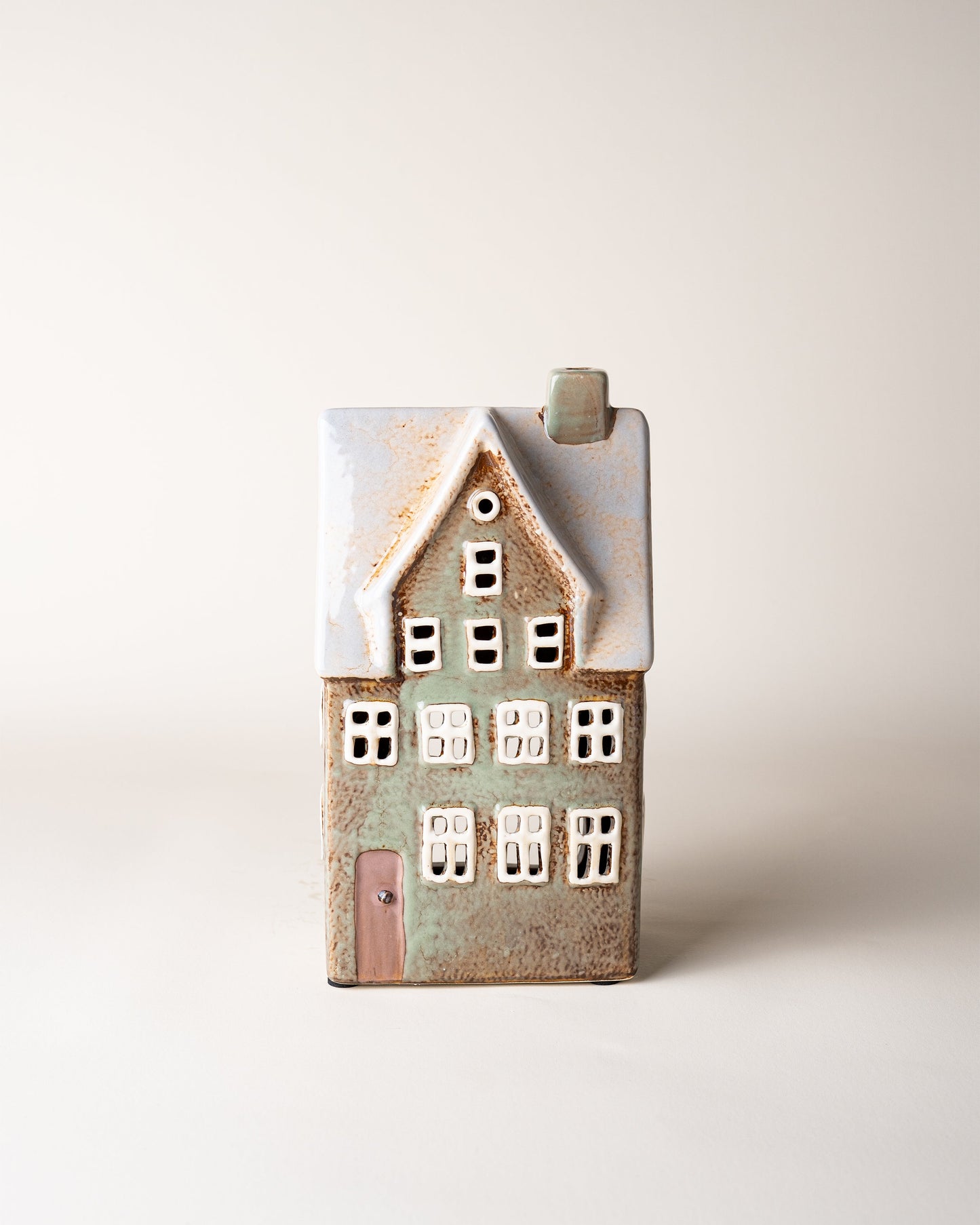 House Tealight Holder Green/Pink Door