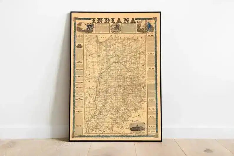 Indiana Map Wall Print| 1853 Indiana Map