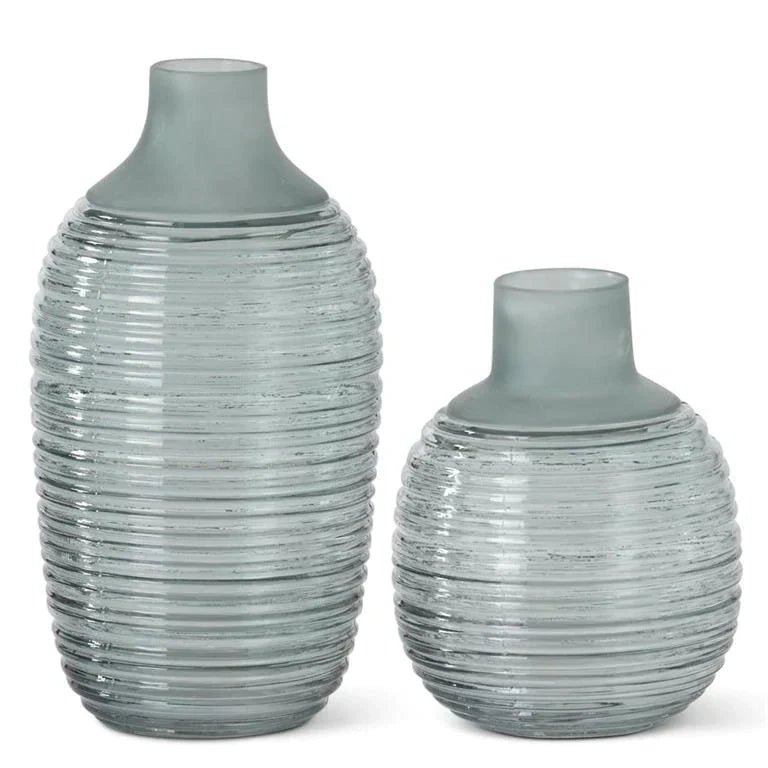 Frosted Sage Green Ribbed Bottle Neck Vase