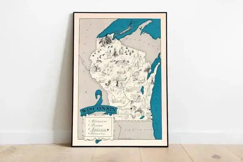 Vintage Wisconsin Map Print| Wisconsin Canvas Wall Art