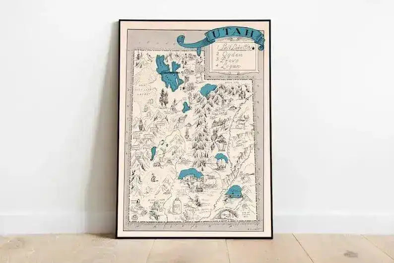 Vintage Utah Map Print| Utah Canvas Wall Art