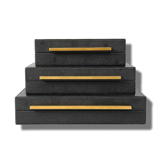 Black Faux Shagreen Leather Storage Boxes - Set of 3 - MAIA HOMES