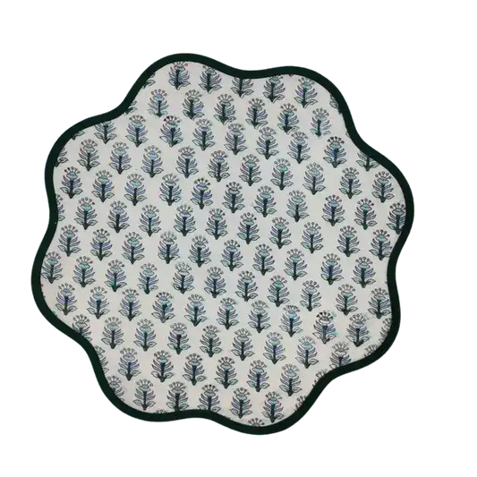 Block Printed Green Tree Round Scalloped Placemats