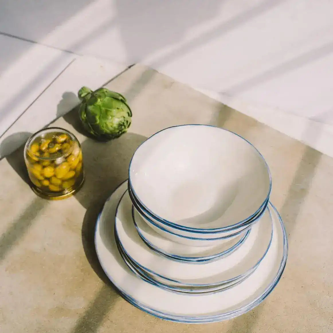 Blue Trim on White Porcelain Dinnerware